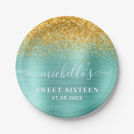 Sweet 16 Birthday Aquamarin Gold Glitzer Sparkle N Pappteller (Vorderseite)