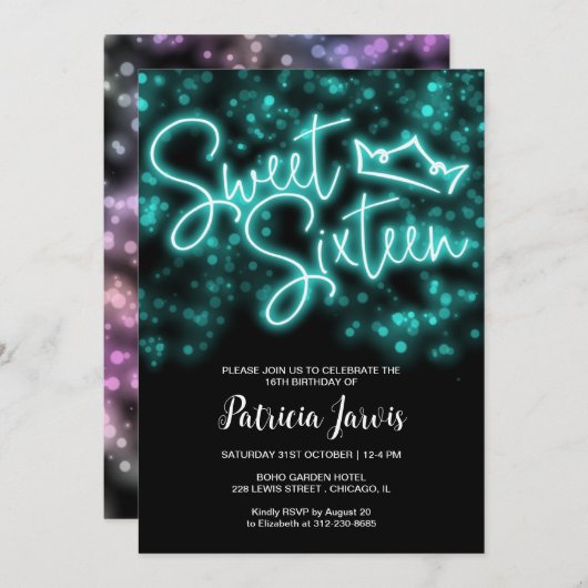Sweet 16 Birthday Aquamarin Neon Glow Dunkles Part Einladung (Vorne/Hinten)