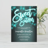 Sweet 16 Birthday Aquamarin Neon Glow Dunkles Part Einladung (Stehend Vorderseite)