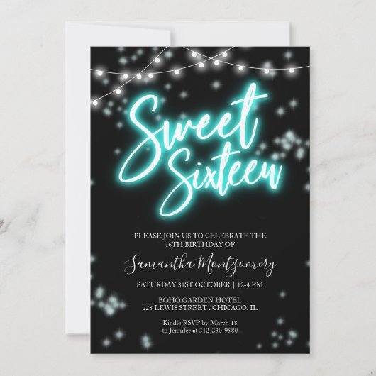 Sweet 16 Birthday Aquamarin Neon Glow Dunkles Part Einladung (Vorderseite)