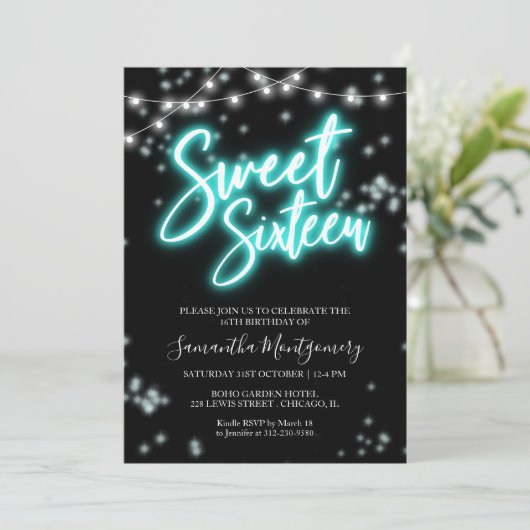 Sweet 16 Birthday Aquamarin Neon Glow Dunkles Part Einladung (Stehend Vorderseite)