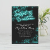 Sweet 16 Birthday Aquamarin Neon Glow Dunkles Part Einladung (Stehend Vorderseite)