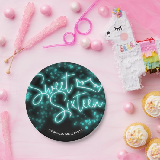 Sweet 16 Birthday Aquamarin Neon Glow Dunkles Part Pappteller (Party)