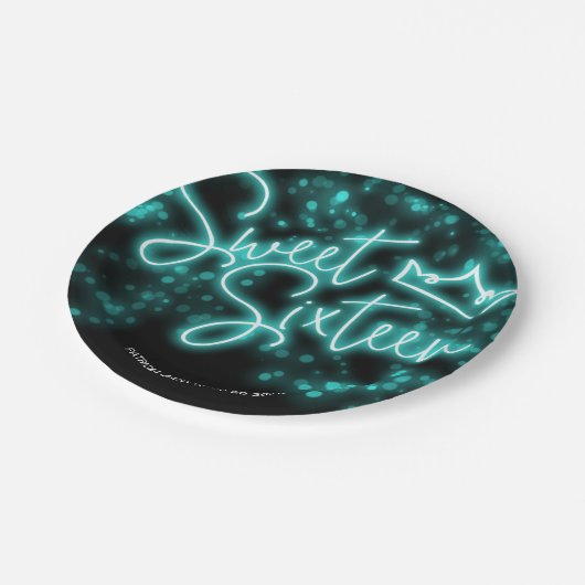 Sweet 16 Birthday Aquamarin Neon Glow Dunkles Part Pappteller (Schrägansicht)