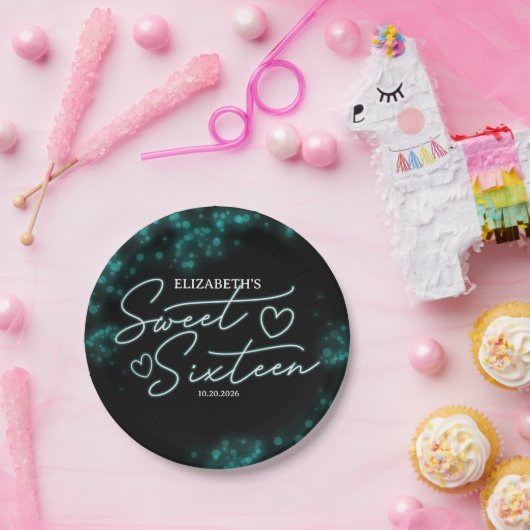 Sweet 16 Birthday Aquamarin Neon Glow Dunkles Part Pappteller (Party)