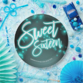 Sweet 16 Birthday Aquamarin Neon Glow Dunkles Part Pappteller (Party)