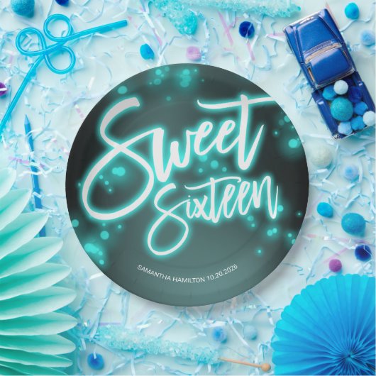 Sweet 16 Birthday Aquamarin Neon Glow Dunkles Part Pappteller (Party)
