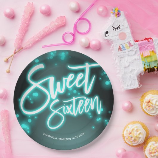 Sweet 16 Birthday Aquamarin Neon Glow Dunkles Part Pappteller (Party)