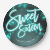 Sweet 16 Birthday Aquamarin Neon Glow Dunkles Part Pappteller (Vorderseite)