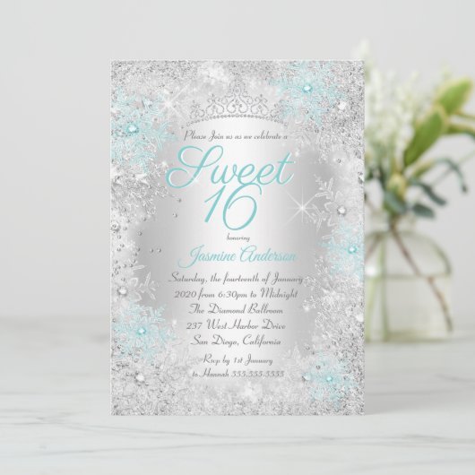 Sweet 16 Birthday Aquamarin Silver Winter Wonderla Einladung (Stehend Vorderseite)
