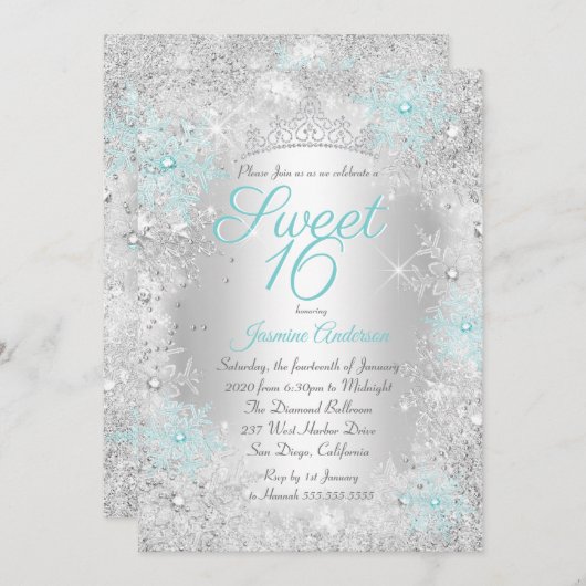 Sweet 16 Birthday Aquamarin Silver Winter Wonderla Einladung (Vorne/Hinten)
