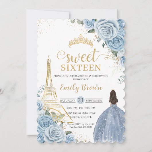Sweet 16 Birthday Baby Blue Floral Paris Gold Einladung (Vorderseite)
