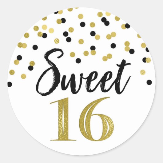 Sweet 16 Birthday Black and Gold Confetti Runder Aufkleber (Vorderseite)