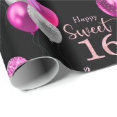 Sweet 16 Birthday Black and Pink Glitzer Balloons Geschenkpapier (Rolleneckpunkt)