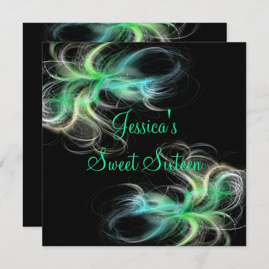 Sweet 16 Birthday Black & Blue Green Wirbel Einladung (Vorne/Hinten)