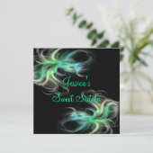 Sweet 16 Birthday Black & Blue Green Wirbel Einladung (Stehend Vorderseite)