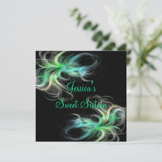Sweet 16 Birthday Black & Blue Green Wirbel Einladung (Stehend Vorderseite)