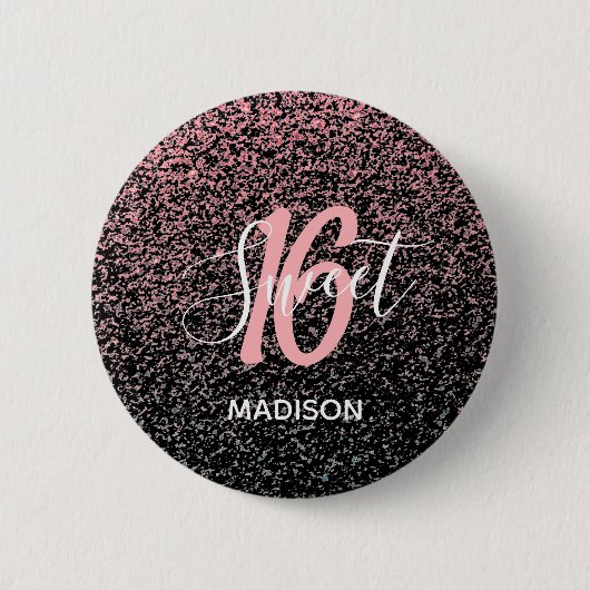 Sweet 16 Birthday Black Blush Pink Glitzer Name Button (Vorderseite)