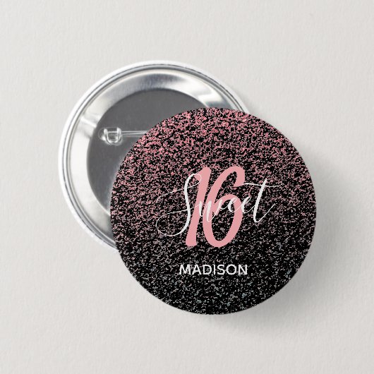 Sweet 16 Birthday Black Blush Pink Glitzer Name Button (Vorne & Hinten)