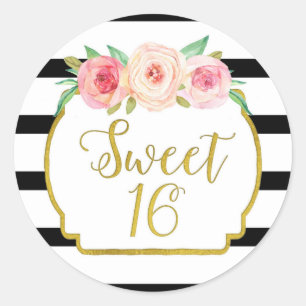 Sweet 16 Birthday Black Stripes Gold Pink Blüte Runder Aufkleber