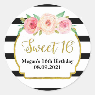 Sweet 16 Birthday Black Stripes Gold Pink Blüte Runder Aufkleber