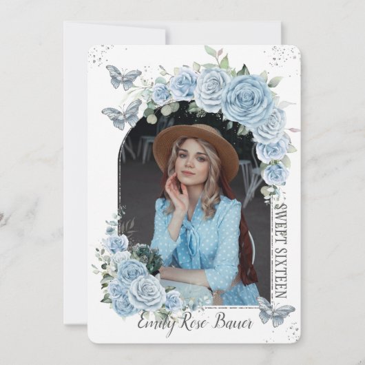 Sweet 16 Birthday Blue Floral Butterflies Foto Einladung (Vorderseite)