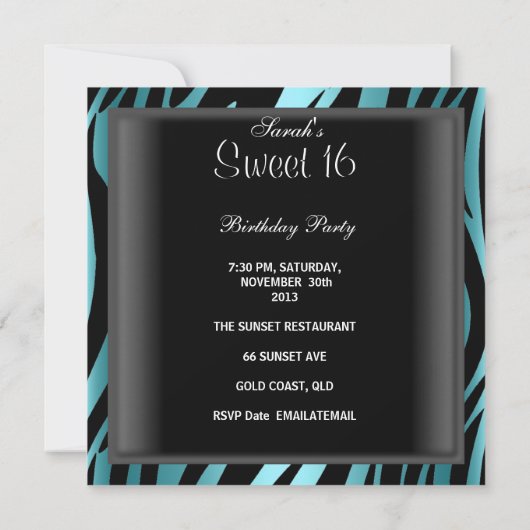 Sweet 16 Birthday Blue Zebra Black Stripe Einladung (Rückseite)