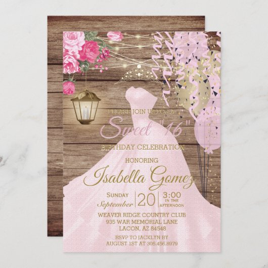 Sweet 16 Birthday - Blume aus Holz und Rosa Einladung (Vorne/Hinten)