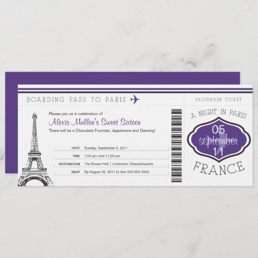 Sweet 16 Birthday Boarding Pass - Paris Einladung (Vorne/Hinten)