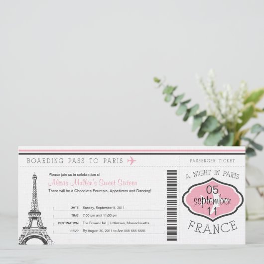 Sweet 16 Birthday Boarding Pass - Paris Einladung (Stehend Vorderseite)