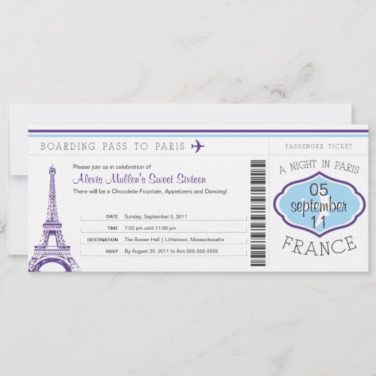 Sweet 16 Birthday Boarding Pass - Paris Einladung (Vorderseite)