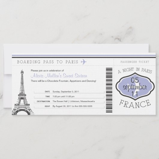 Sweet 16 Birthday Boarding Pass - Paris Einladung (Vorderseite)