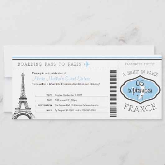 Sweet 16 Birthday Boarding Pass - Paris Einladung (Vorderseite)