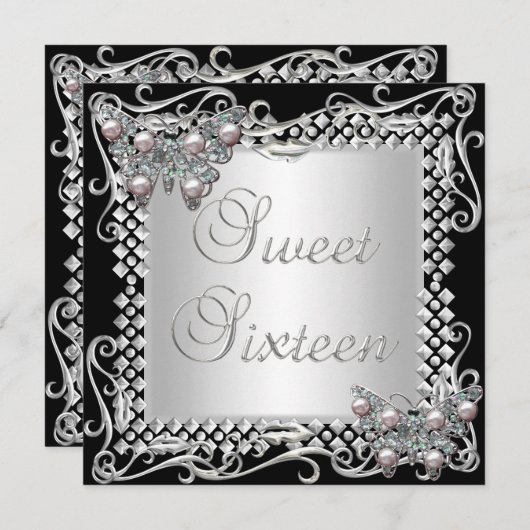 Sweet 16 Birthday Butterflies Silver Black Einladung (Vorne/Hinten)