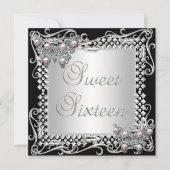 Sweet 16 Birthday Butterflies Silver Black Einladung (Vorderseite)