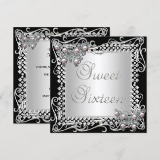 Sweet 16 Birthday Butterflies Silver Black Einladung