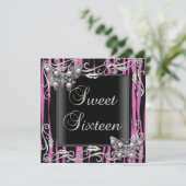 Sweet 16 Birthday Butterfly Zebra Black Pink Einladung (Stehend Vorderseite)