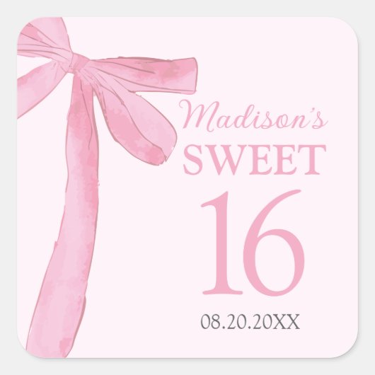 Sweet 16 Birthday Coquette Pink Bow Personalized Quadratischer Aufkleber (Vorderseite)