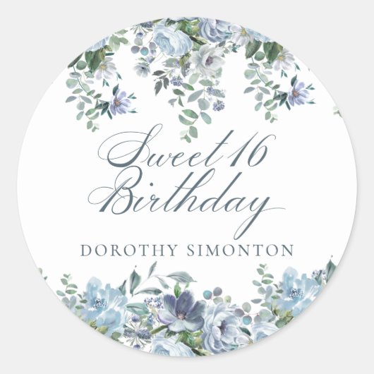 Sweet 16 Birthday Dusty Blue Floral Runder Aufkleber (Vorderseite)
