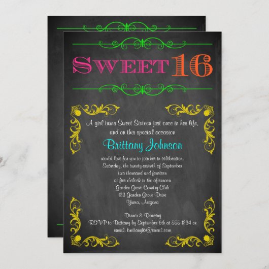Sweet 16 Birthday Einladung | Neon Chalkboard (Vorne/Hinten)