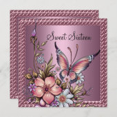 Sweet 16 Birthday Elegant Floral Butterfly Rosa Einladung (Vorne/Hinten)