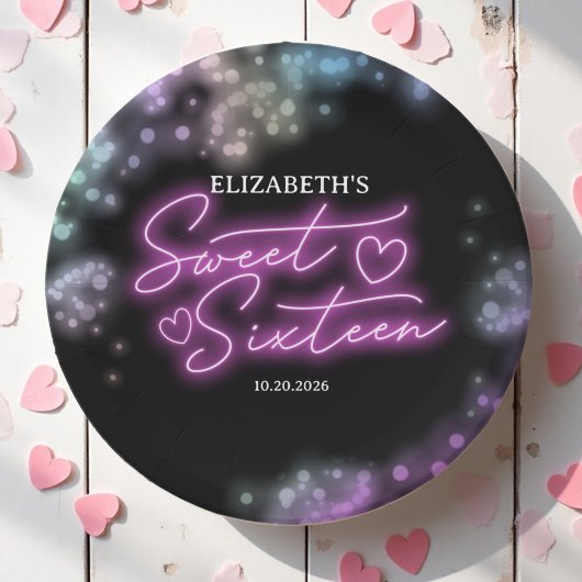 Sweet 16 Birthday Farbenfrohe Neon Glow Dunkles Pa Pappteller