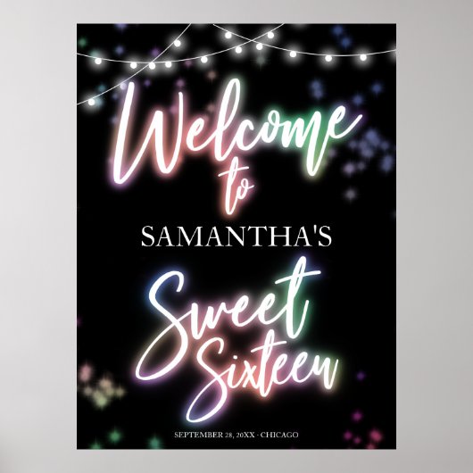 Sweet 16 Birthday farbenfrohe Neon Glow Willkommen Poster (Vorne)