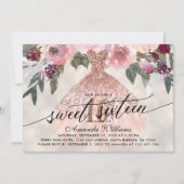 Sweet 16 Birthday Floral Rose Gold Gown Einladung (Vorderseite)