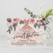 Sweet 16 Birthday Floral Rose Gold Gown Einladung (Stehend Vorderseite)