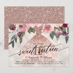 Sweet 16 Birthday Floral Rose Gold Gown Einladung