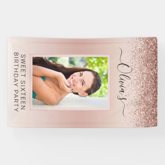 Sweet 16 Birthday Foto Blush Pink Glitzer Girly Banner (Horizontal)