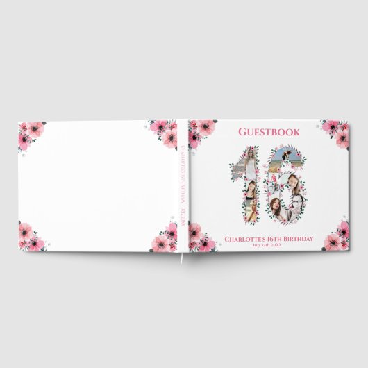 Sweet 16 Birthday Foto Collage Blume Mädchen Weiß Gästebuch (Voll)