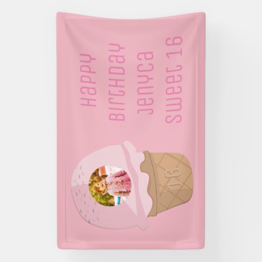 Sweet 16 Birthday Foto Pink Ice Cream Party Banner (Vertikal)