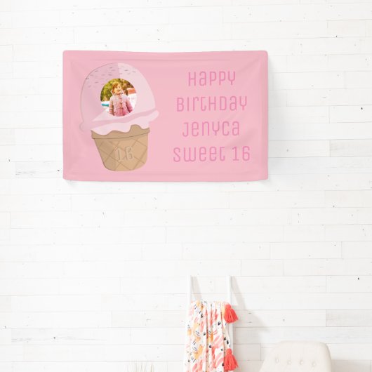 Sweet 16 Birthday Foto Pink Ice Cream Party Banner (InSitu)